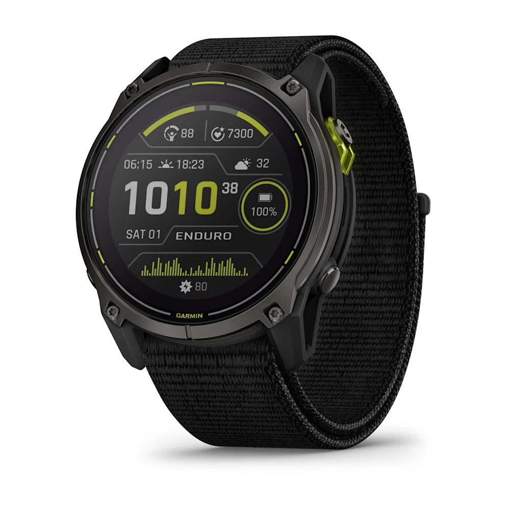 Garmin Enduro 3 smartwatch displaying various metrics and information on a black strap.