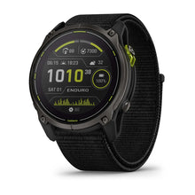 Garmin Enduro 3 smartwatch displaying various metrics and information on a black strap.