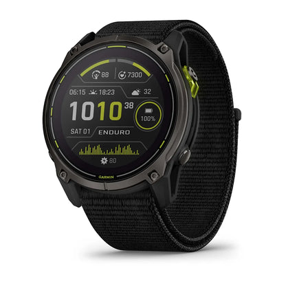 Garmin Enduro 3 smartwatch displaying various metrics and information on a black strap.