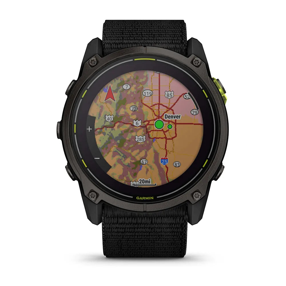 Garmin Enduro 3 smartwatch displaying a detailed map with Denver highlighted, featuring navigation elements and a rugged black strap.