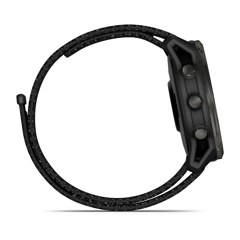 Garmin Enduro 3 smartwatch shown from the side, featuring a black strap and three buttons on the side.