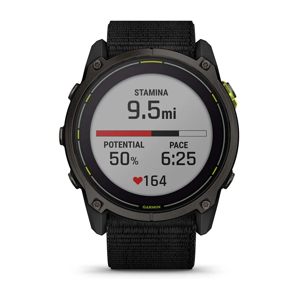 Garmin Enduro 3 smartwatch displaying stamina of 9.5 miles, potential at 50%, pace of 6:25, and heart rate of 164.