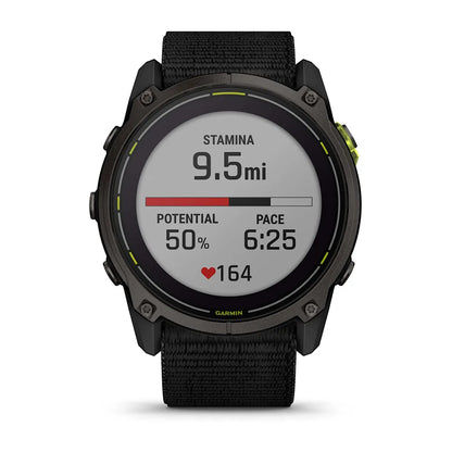 Garmin Enduro 3 smartwatch displaying stamina of 9.5 miles, potential at 50%, pace of 6:25, and heart rate of 164.