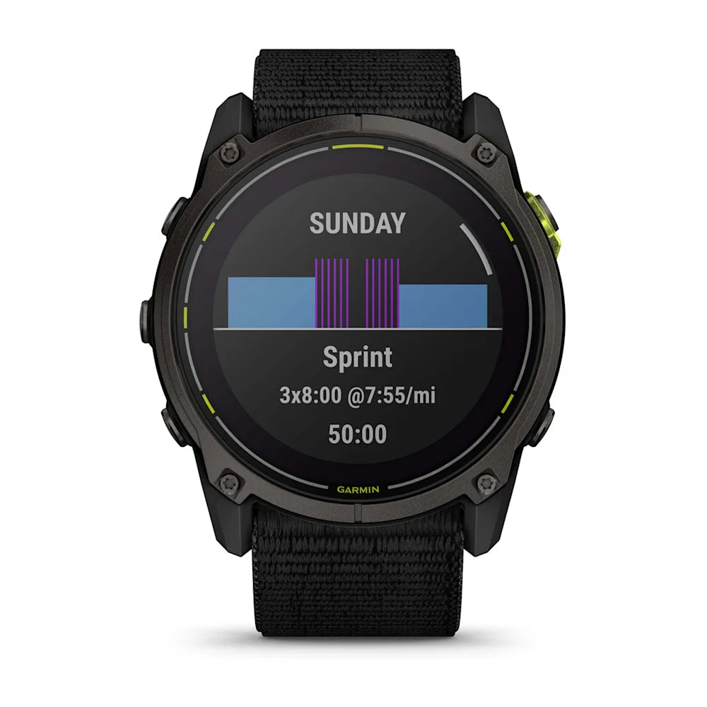 Garmin Enduro 3 smartwatch displaying a sprint workout schedule for Sunday, including intervals of 3x8:00 minutes at a pace of 7:55 per mile.