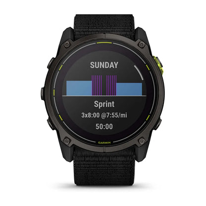 Garmin Enduro 3 smartwatch displaying a sprint workout schedule for Sunday, including intervals of 3x8:00 minutes at a pace of 7:55 per mile.
