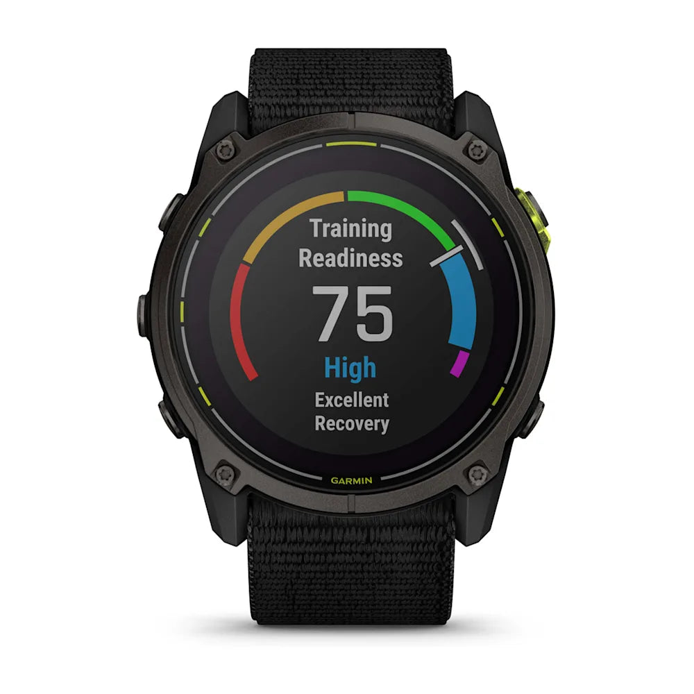 Garmin Enduro 3 smartwatch displaying a training readiness score of 75, indicating high recovery status.