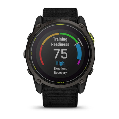 Garmin Enduro 3 smartwatch displaying a training readiness score of 75, indicating high recovery status.