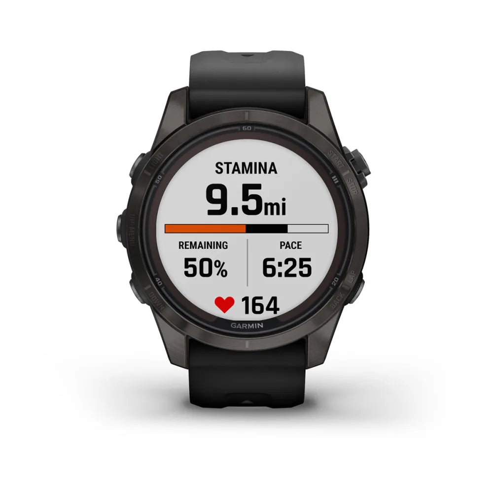 Garmin Fenix 7S Pro Sapphire Solar Edition displaying stamina of 9.5 miles, remaining 50%, pace of 6:25, and heart rate of 164.