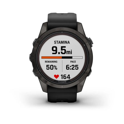 Garmin Fenix 7S Pro Sapphire Solar Edition displaying stamina of 9.5 miles, remaining 50%, pace of 6:25, and heart rate of 164.