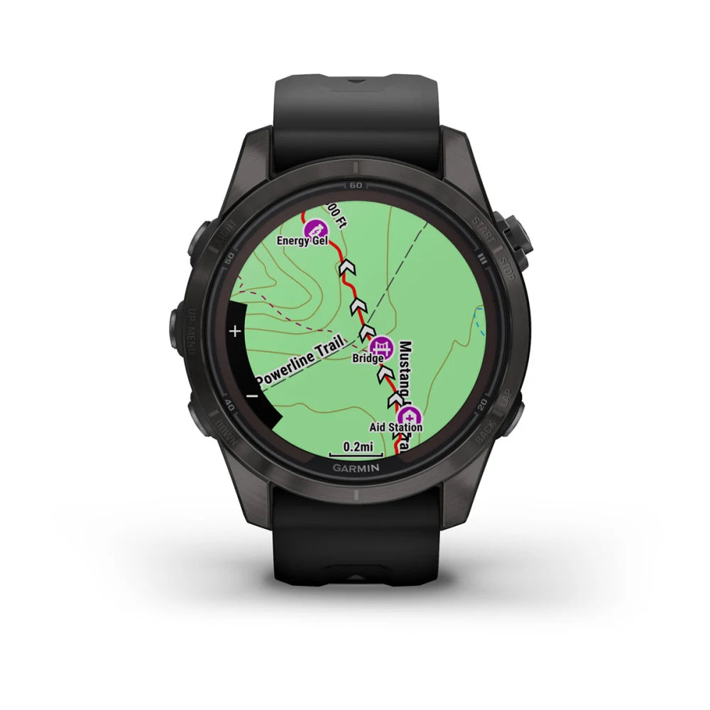 Garmin Fenix 7S Pro Sapphire Solar Edition smartwatch displaying a detailed map with marked trails and waypoints.