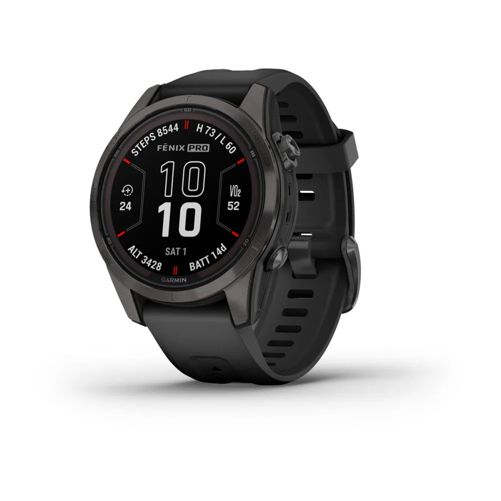 Garmin Fenix 7S Pro Sapphire Solar Edition smartwatch displaying fitness metrics and time on a black strap.