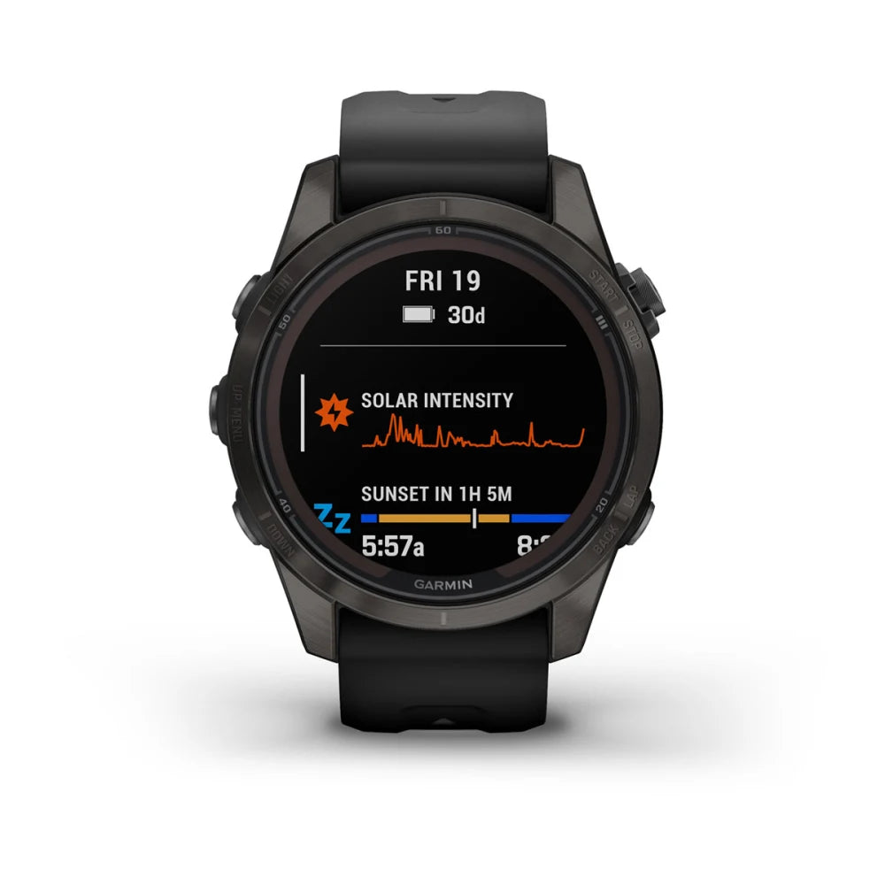 Garmin Fenix 7S Pro Sapphire Solar Edition smartwatch displaying solar intensity and sunset time.