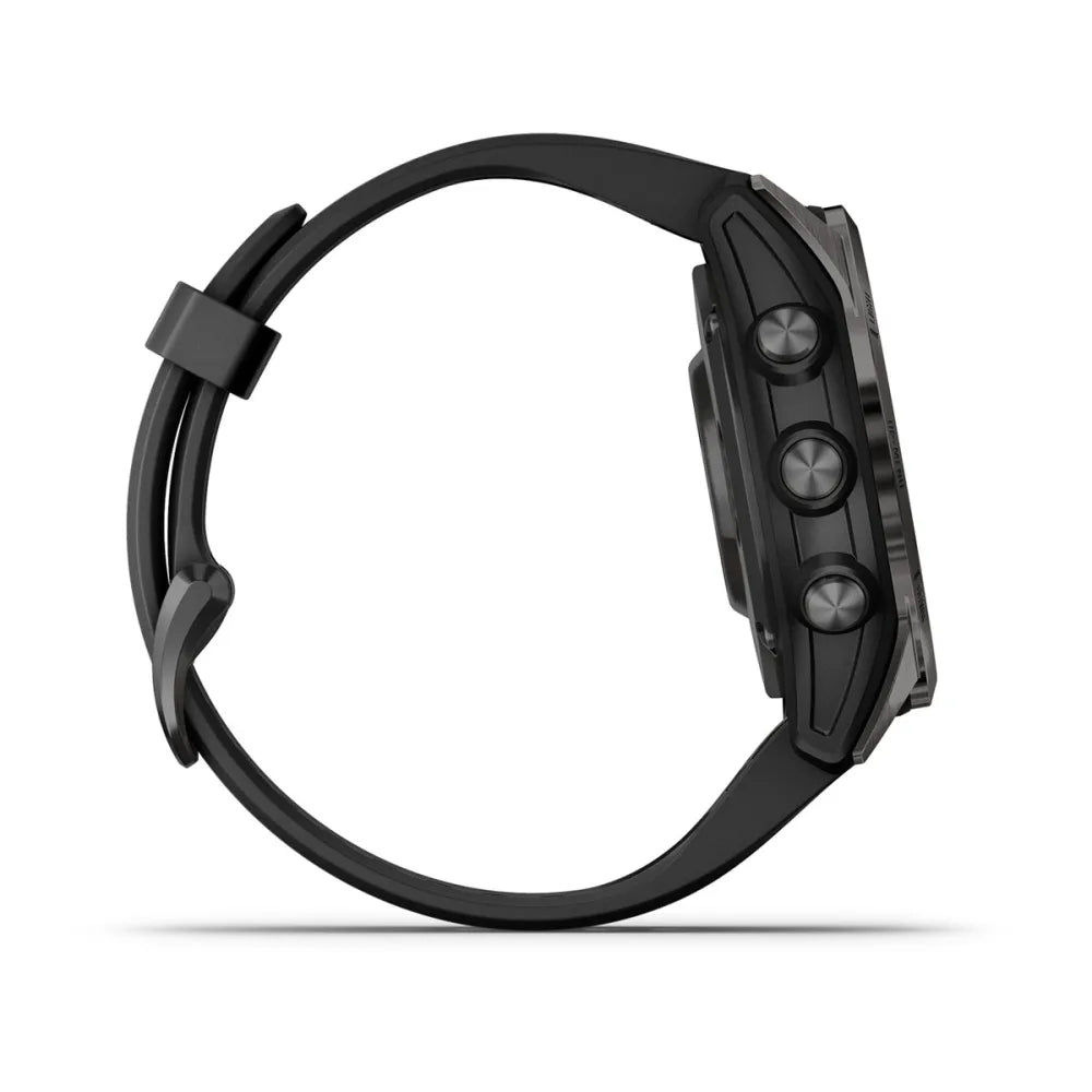 Side view of the Garmin Fenix 7S Pro Sapphire Solar Edition smartwatch featuring a sleek black design and three prominent buttons.
