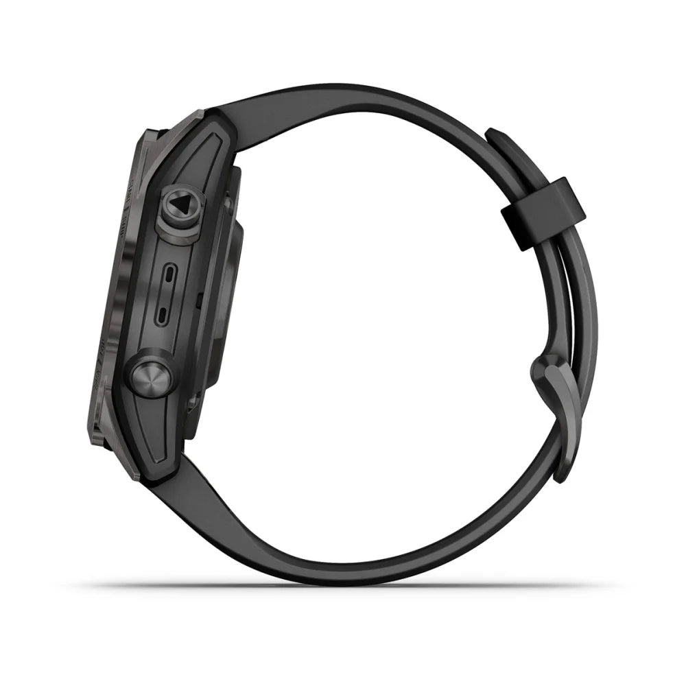 Garmin Fenix 7S Pro Sapphire Solar Edition smartwatch displayed from the side, showcasing its sleek design and buttons.