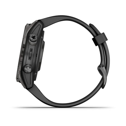 Garmin Fenix 7S Pro Sapphire Solar Edition smartwatch displayed from the side, showcasing its sleek design and buttons.