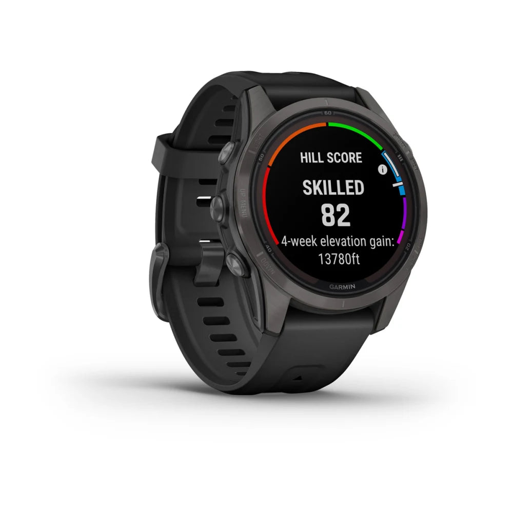 Garmin Fenix 7S Pro Sapphire Solar Edition smartwatch displaying hill score and elevation gain.