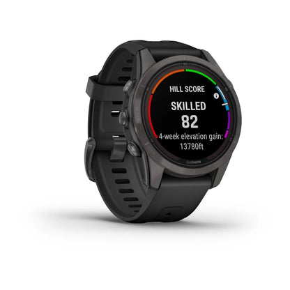 Garmin Fenix 7S Pro Sapphire Solar Edition smartwatch displaying hill score and elevation gain.