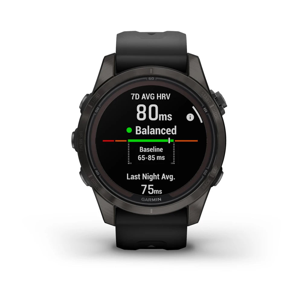 Garmin Fenix 7S Pro Sapphire Solar Edition smartwatch displaying heart rate variability metrics with a balanced reading of 80 ms.