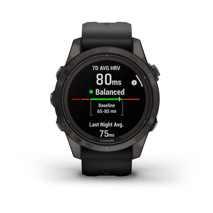 Garmin Fenix 7S Pro Sapphire Solar Edition smartwatch displaying heart rate variability metrics with a balanced reading of 80 ms.