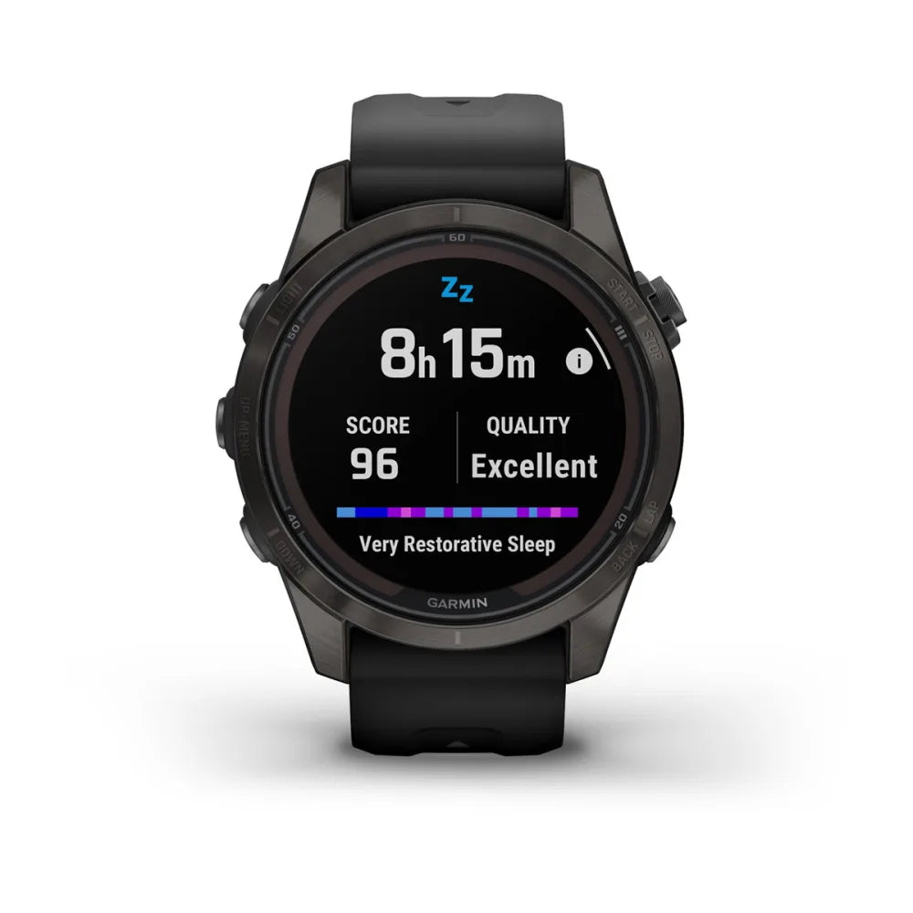 Garmin Fenix 7S Pro Sapphire Solar Edition smartwatch displaying sleep data with a score of 96 and quality rated as excellent.