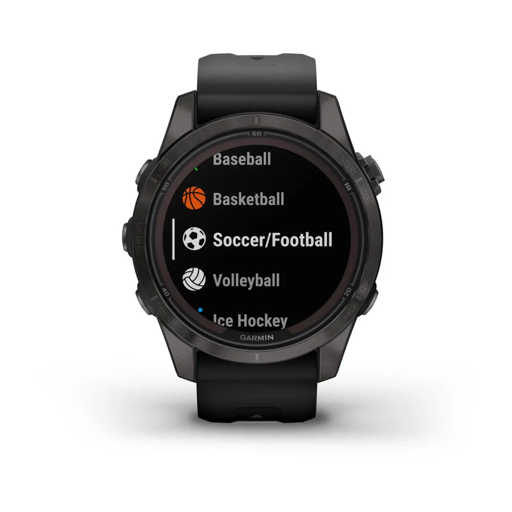 Garmin Fenix 7S Pro Sapphire Solar Edition smartwatch displaying various sports options including Baseball, Basketball, Soccer/Football, Volleyball, and Ice Hockey.
