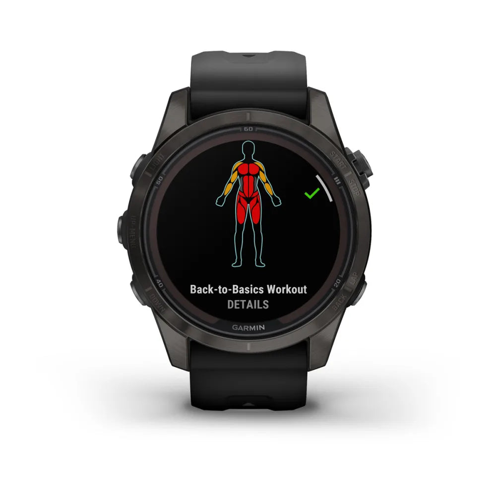 Garmin Fenix 7S Pro Sapphire Solar Edition smartwatch displaying a 'Back-to-Basics Workout' screen with a graphic of a human figure highlighting muscle groups.
