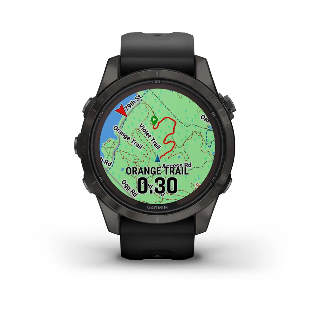 Garmin Fenix 7S Pro Sapphire Solar Edition smartwatch displaying a map of the Orange Trail with navigation indicators.