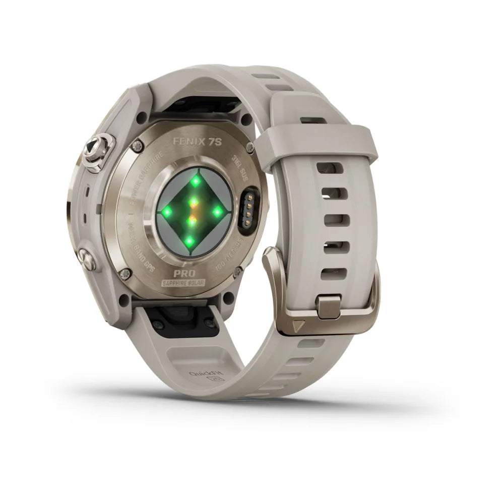 Back view of the Garmin Fenix 7S Pro Sapphire Solar Edition smartwatch, showcasing the sensor and strap design.