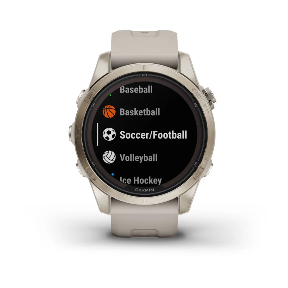 Garmin Fenix 7S Pro Sapphire Solar Edition smartwatch displaying sports options including Baseball, Basketball, Soccer/Football, Volleyball, and Ice Hockey.