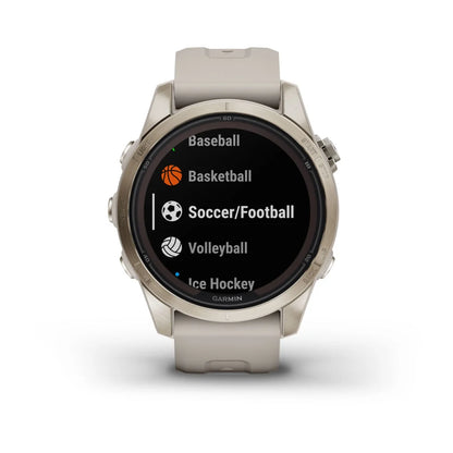 Garmin Fenix 7S Pro Sapphire Solar Edition smartwatch displaying sports options including Baseball, Basketball, Soccer/Football, Volleyball, and Ice Hockey.