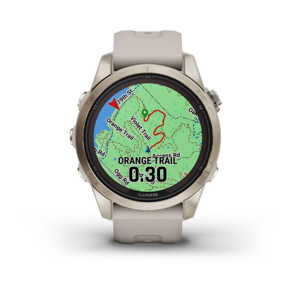 Garmin Fenix 7S Pro Sapphire Solar Edition smartwatch displaying a map of the Orange Trail with navigation details.
