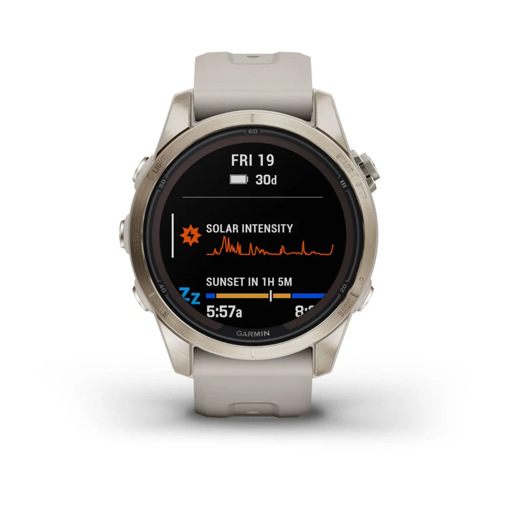 Garmin Fenix 7S Pro Sapphire Solar Edition displaying solar intensity and sunset time information on its screen.