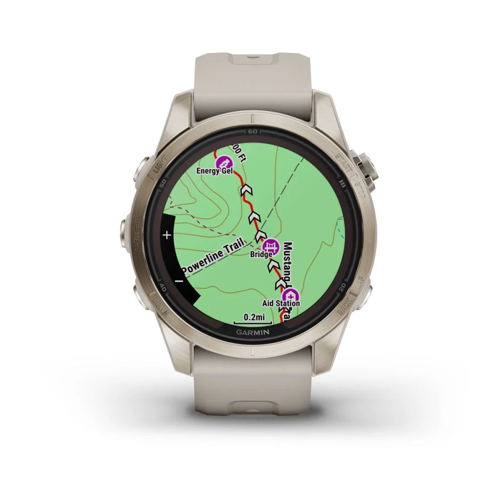 Garmin Fenix 7S Pro Sapphire Solar Edition displaying a detailed map with trail markers and aid stations.