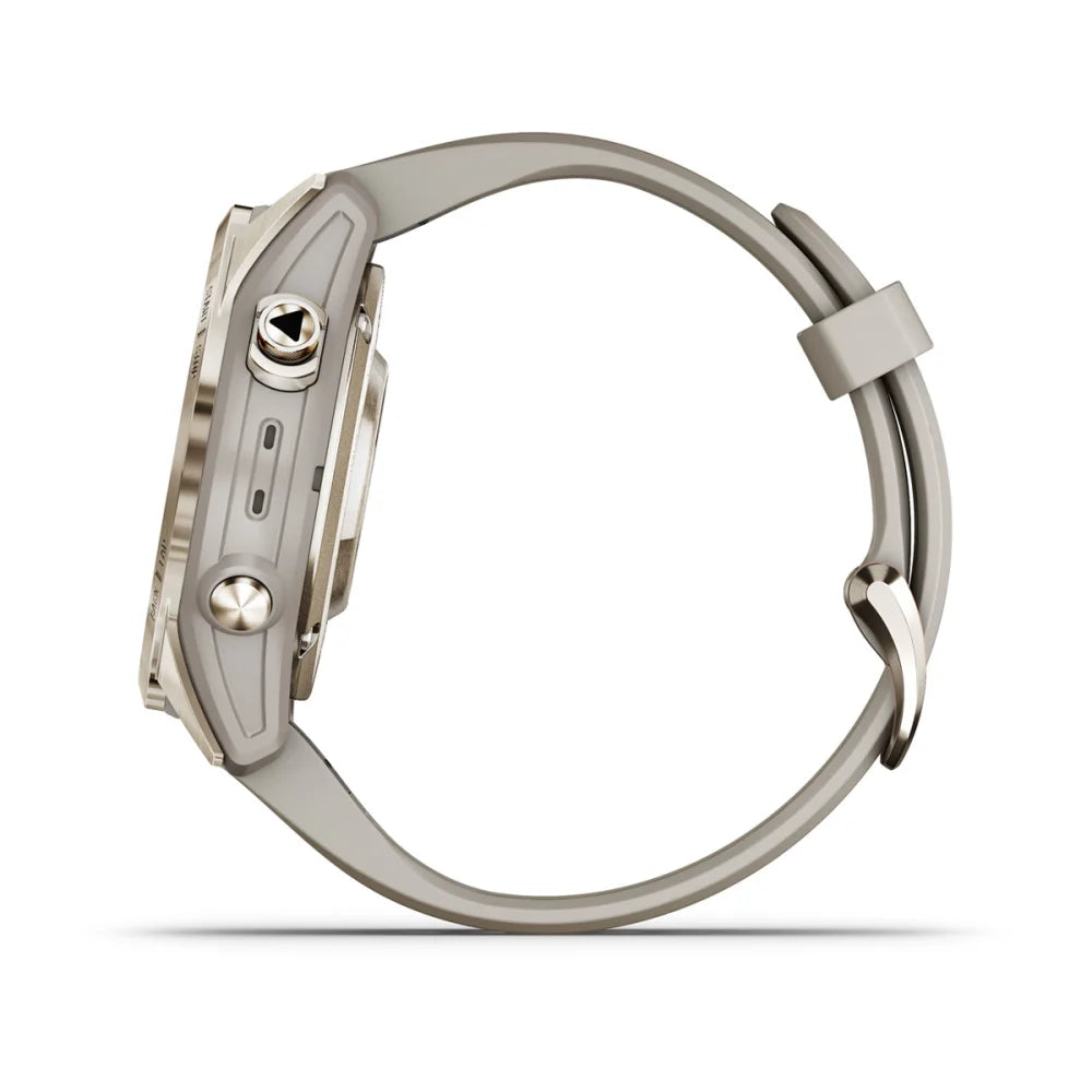Side view of the Garmin Fenix 7S Pro Sapphire Solar Edition smartwatch showcasing its sleek design and buttons.