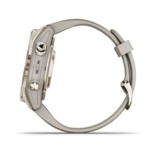 Side view of the Garmin Fenix 7S Pro Sapphire Solar Edition smartwatch showcasing its sleek design and buttons.