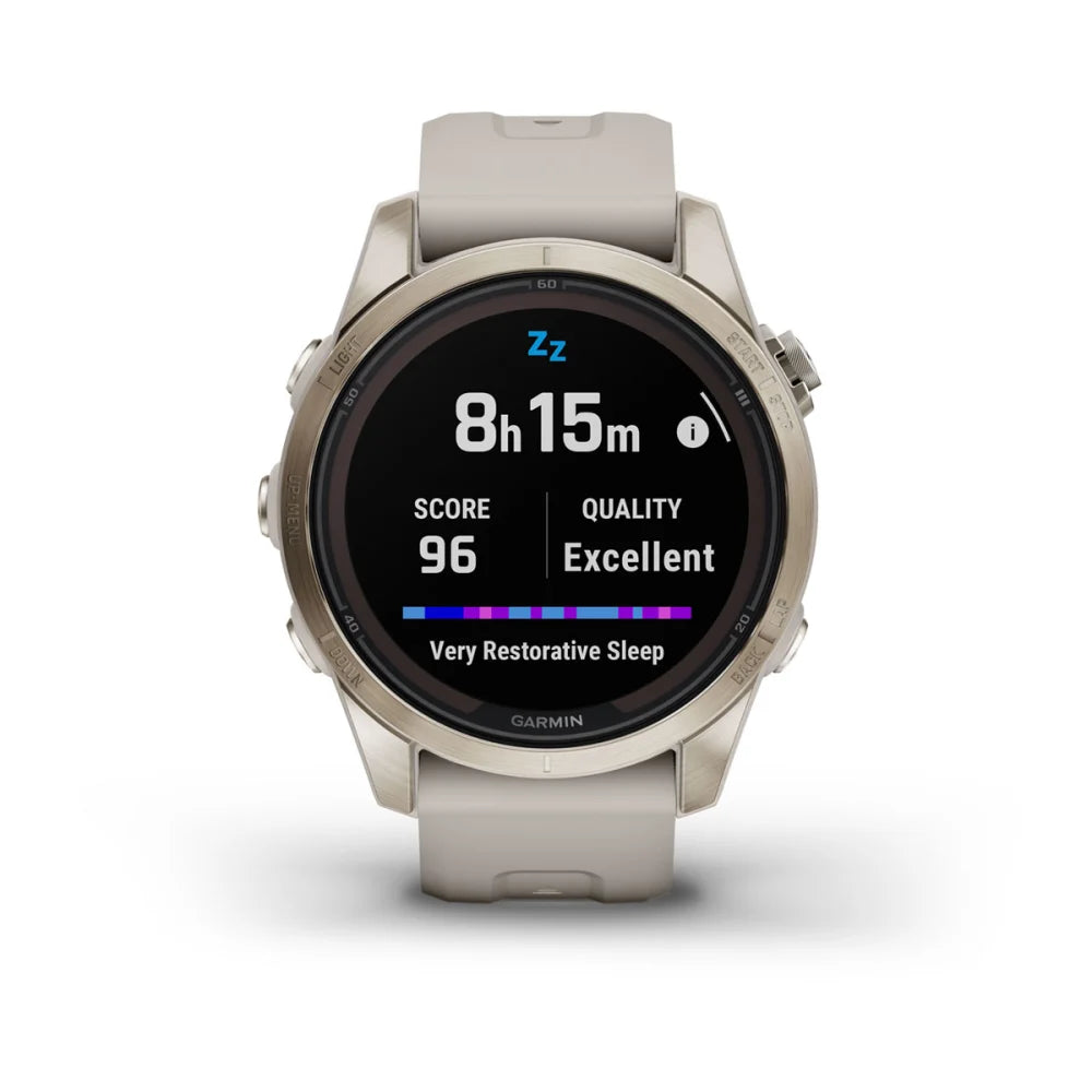 Garmin Fenix 7S Pro Sapphire Solar Edition smartwatch displaying sleep data, showing 8 hours and 15 minutes of sleep with a score of 96 and quality rated as excellent.