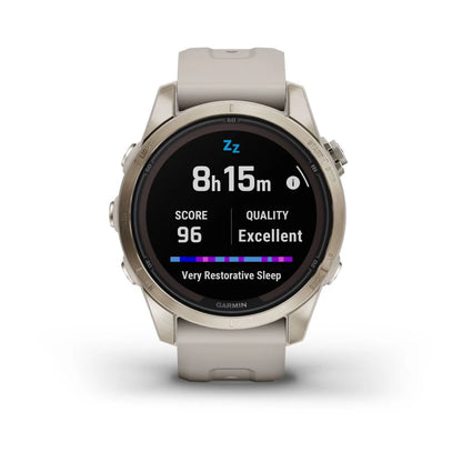 Garmin Fenix 7S Pro Sapphire Solar Edition smartwatch displaying sleep data, showing 8 hours and 15 minutes of sleep with a score of 96 and quality rated as excellent.