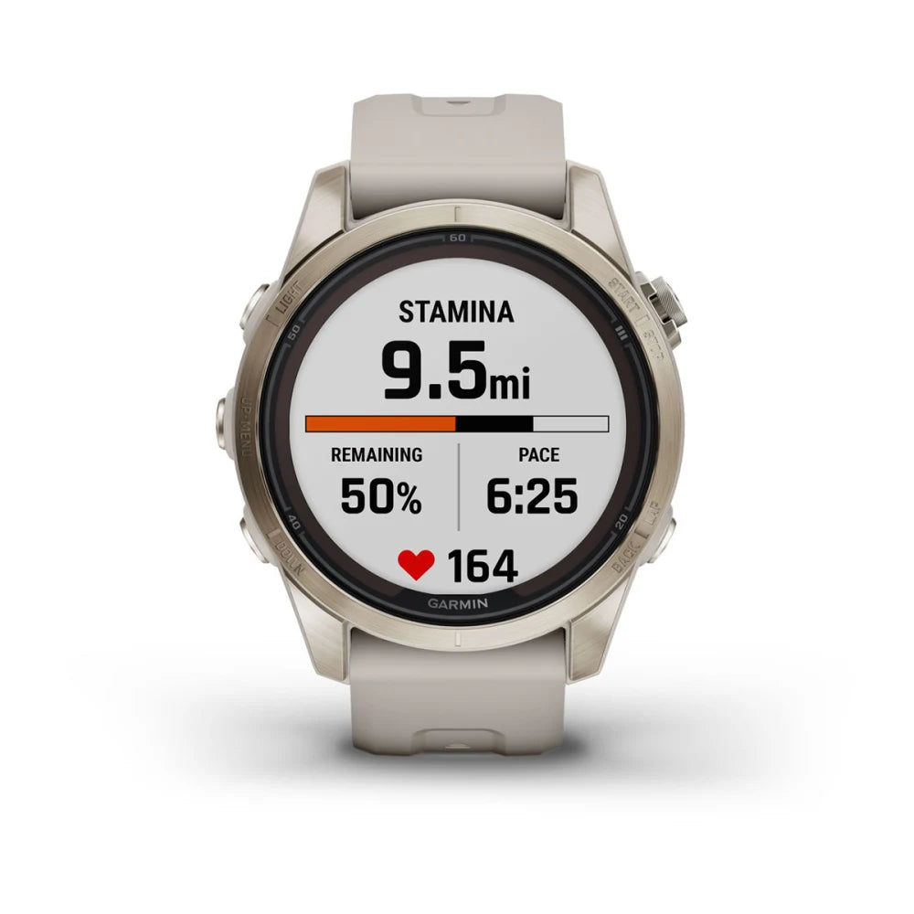 Garmin Fenix 7S Pro Sapphire Solar Edition smartwatch displaying stamina information with a remaining distance of 9.5 miles, 50% stamina left, pace of 6:25, and heart rate of 164.