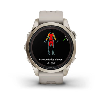 Garmin Fenix 7S Pro Sapphire Solar Edition displaying a 'Back-to-Basics Workout' screen with a graphic of a human figure highlighting muscle groups.