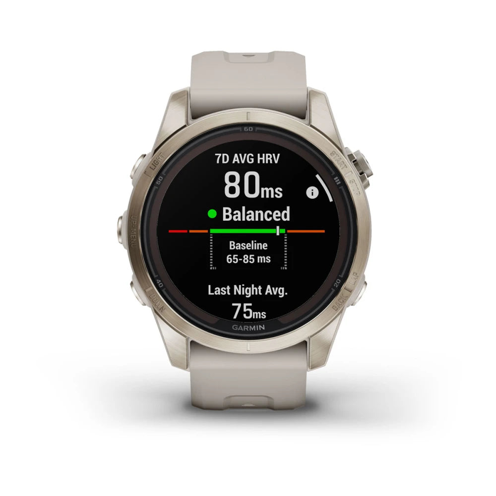 Garmin Fenix 7S Pro Sapphire Solar Edition smartwatch displaying heart rate variability data with a balanced status.