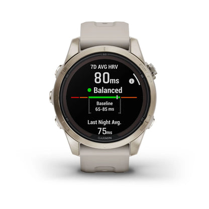 Garmin Fenix 7S Pro Sapphire Solar Edition smartwatch displaying heart rate variability data with a balanced status.