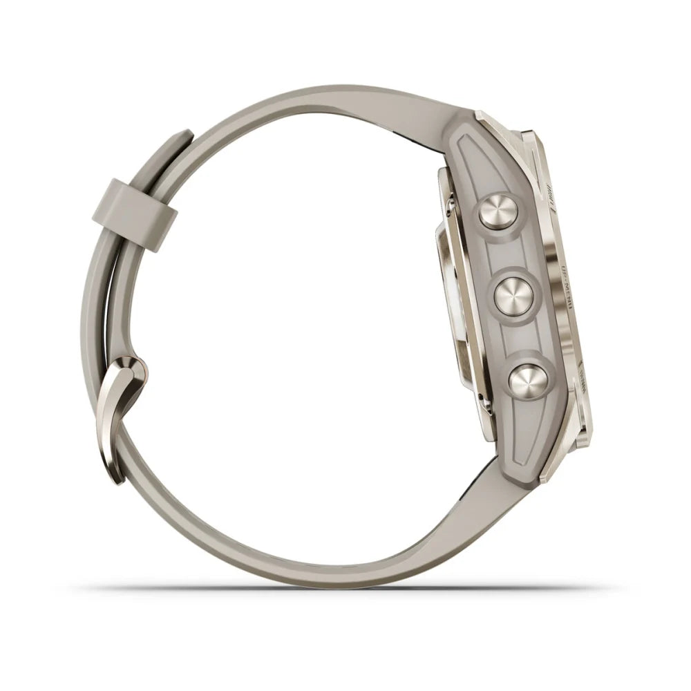 Side view of the Garmin Fenix 7S Pro Sapphire Solar Edition smartwatch, showcasing its sleek design and buttons.