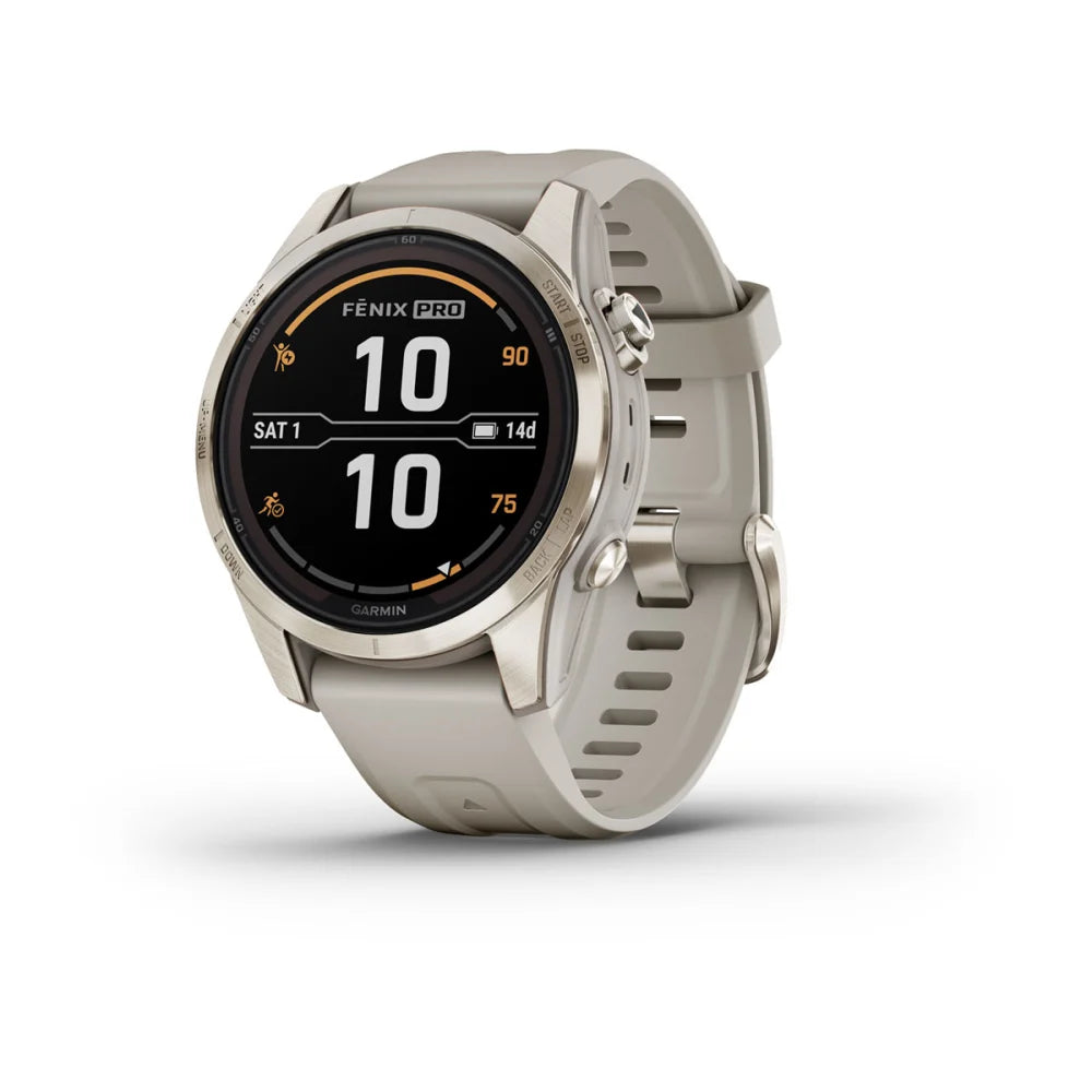 Garmin Fenix 7S Pro Sapphire Solar Edition smartwatch showing a digital watch face with various metrics and a light-colored strap.