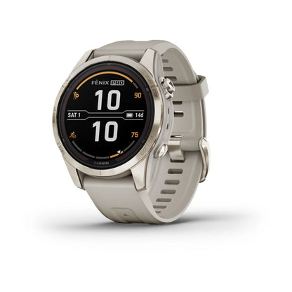 Garmin Fenix 7S Pro Sapphire Solar Edition smartwatch showing a digital watch face with various metrics and a light-colored strap.