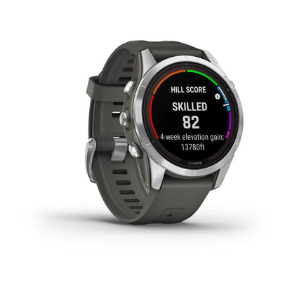 Garmin Fenix 7S Pro Solar Edition smartwatch displaying a hill score of 82 and a 4-week elevation gain of 13780ft.