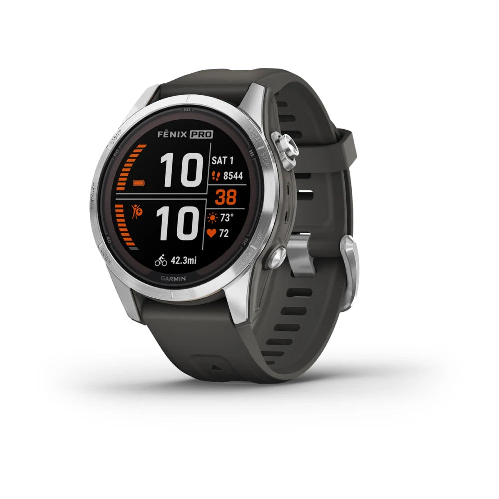 Garmin Fenix 7S Pro Solar Edition smartwatch displaying various metrics, including time, heart rate, and distance, with a green silicone strap.