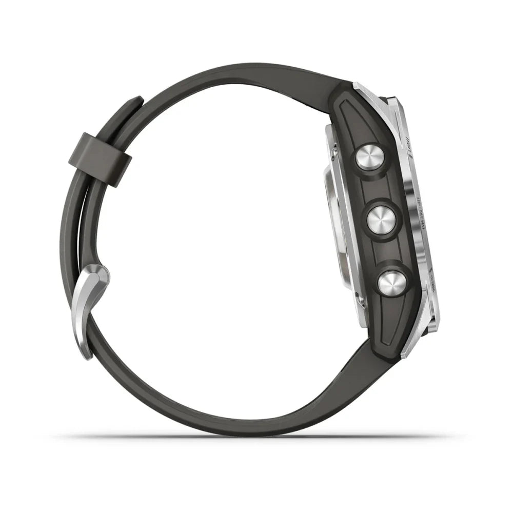 Garmin Fenix 7S Pro Solar Edition smartwatch displayed from the side, showcasing its sleek design and buttons.