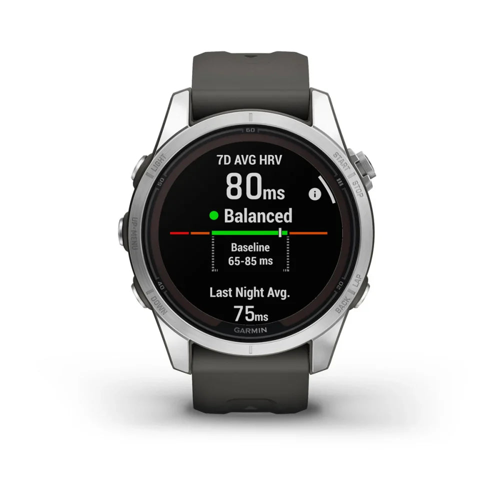 Garmin Fenix 7S Pro Solar Edition smartwatch displaying heart rate variability metrics, showing 7-day average HRV of 80 ms, with a balanced indicator and last night average of 75 ms.