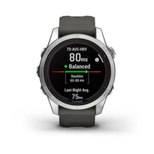Garmin Fenix 7S Pro Solar Edition smartwatch displaying heart rate variability metrics, showing 7-day average HRV of 80 ms, with a balanced indicator and last night average of 75 ms.
