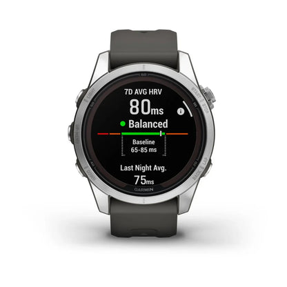 Garmin Fenix 7S Pro Solar Edition smartwatch displaying heart rate variability metrics, showing 7-day average HRV of 80 ms, with a balanced indicator and last night average of 75 ms.